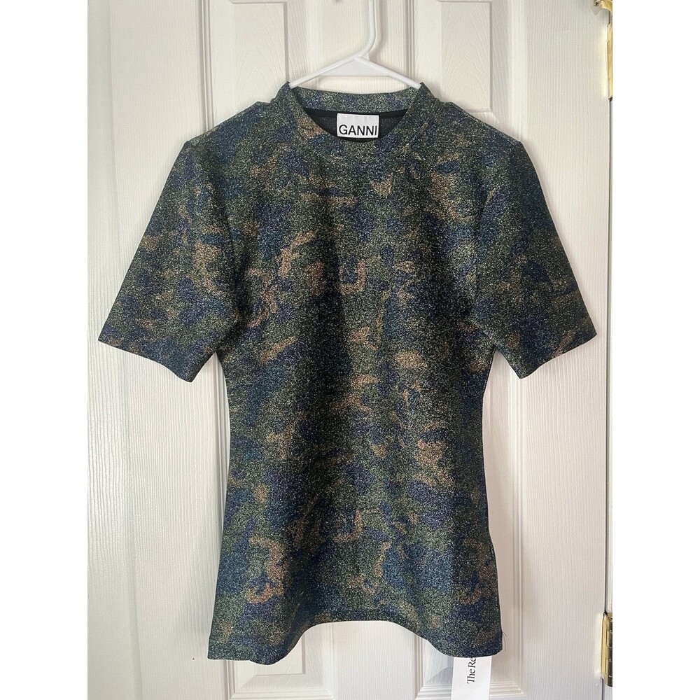 Ganni Printed Mock Neck T-Shirt Women Size 38